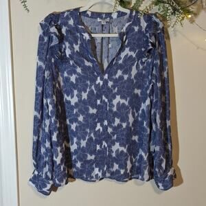 Current Air Blue Floral Boho Flowy Blouse Ruffle Sleeve V Neck Size Small